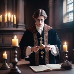 A young sorcerer lawyer casting a spell of laws in a medieval fantasy world