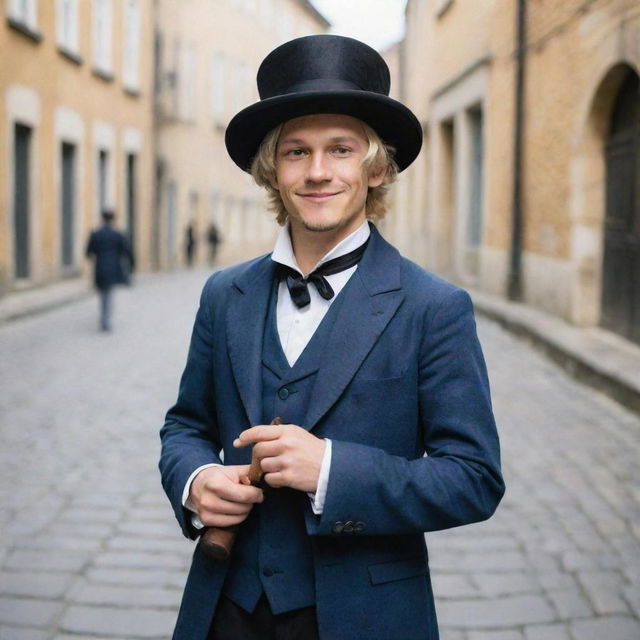 A real life interpretation of Sabo from One Piece. A young man with blond hair and a top hat, dressed in a vintage gentleman's outfit, holding a pipe and smiling warmly on a cobblestone street.