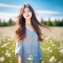 A beautiful girl with flowing hair standing in a serene meadow, surrounded by blooming flowers and a clear blue sky