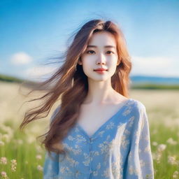 A beautiful girl with flowing hair standing in a serene meadow, surrounded by blooming flowers and a clear blue sky