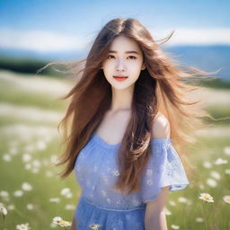 A beautiful girl with flowing hair standing in a serene meadow, surrounded by blooming flowers and a clear blue sky