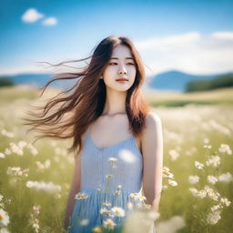 A beautiful girl with flowing hair standing in a serene meadow, surrounded by blooming flowers and a clear blue sky