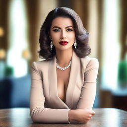 A beautiful woman with an alluring presence, dressed in elegant and stylish clothing, posing confidently in a sophisticated setting