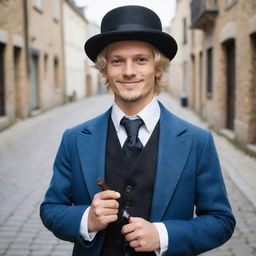 A real life interpretation of Sabo from One Piece. A young man with blond hair and a top hat, dressed in a vintage gentleman's outfit, holding a pipe and smiling warmly on a cobblestone street.