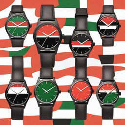 A collection of stylish wristwatches featuring the design of the Kenyan flag on their dials