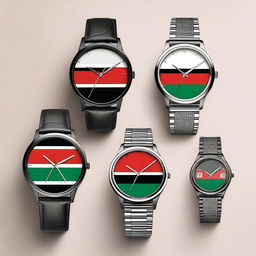 A collection of stylish wristwatches featuring the design of the Kenyan flag on their dials