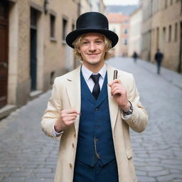 A real life interpretation of Sabo from One Piece. A young man with blond hair and a top hat, dressed in a vintage gentleman's outfit, holding a pipe and smiling warmly on a cobblestone street.