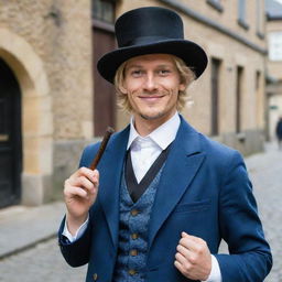 A real life interpretation of Sabo from One Piece. A young man with blond hair and a top hat, dressed in a vintage gentleman's outfit, holding a pipe and smiling warmly on a cobblestone street.