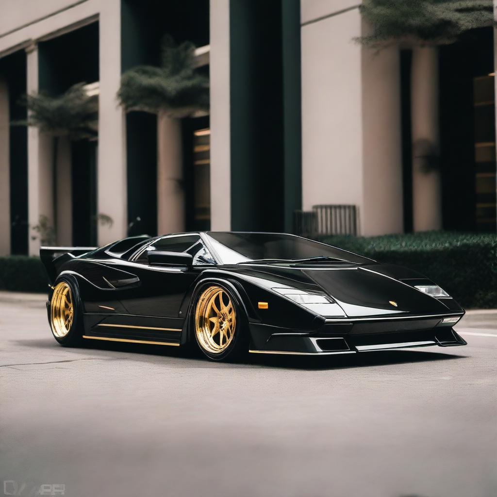 A stunning black Lamborghini Countach with a widebody kit, gold Bola B12 alloys, and Rotiform aero disks on the back wheels