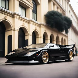 A stunning black Lamborghini Countach with a widebody kit, gold Bola B12 alloys, and Rotiform aero disks on the back wheels