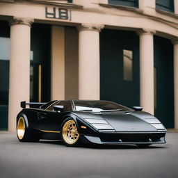 A stunning black Lamborghini Countach with a widebody kit, gold Bola B12 alloys, and Rotiform aero disks on the back wheels