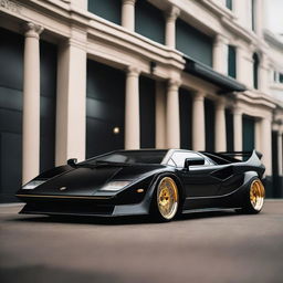 A stunning black Lamborghini Countach with a widebody kit, gold Bola B12 alloys, and Rotiform aero disks on the back wheels