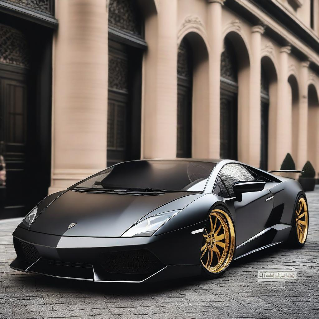 A sleek black Lamborghini LP5000 with a widebody kit, gold Aerofan wheels, and a racing interior