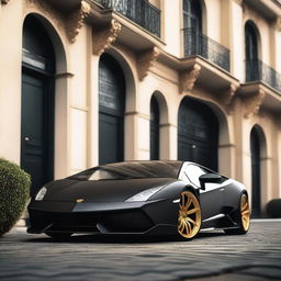 A sleek black Lamborghini LP5000 with a widebody kit, gold Aerofan wheels, and a racing interior