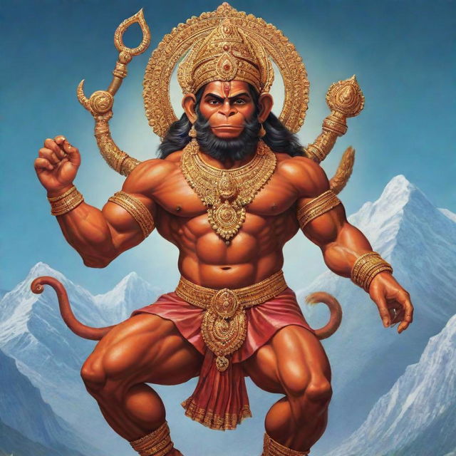 A beautifully detailed and vibrant illustration of the Indian god, Hanuman, displaying his strength and devotion. He should be seen soaring the sky with a mountain in one hand.