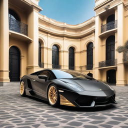 A sleek black Lamborghini LP5000 with a widebody kit, gold Aerofan wheels, and a racing interior