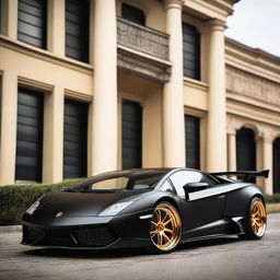 A sleek black Lamborghini LP5000 with a widebody kit, gold Aerofan wheels, and a racing interior