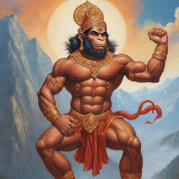 A beautifully detailed and vibrant illustration of the Indian god, Hanuman, displaying his strength and devotion. He should be seen soaring the sky with a mountain in one hand.