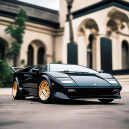 A 1985 Lamborghini Countach in black with a widebody kit, gold Aerofan wheels, and a GT spoiler