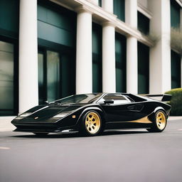 A 1985 Lamborghini Countach in black with a widebody kit, gold Aerofan wheels, and a GT spoiler