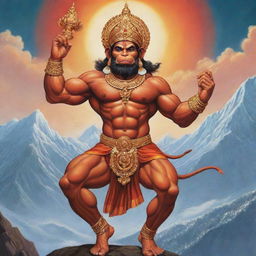 A beautifully detailed and vibrant illustration of the Indian god, Hanuman, displaying his strength and devotion. He should be seen soaring the sky with a mountain in one hand.