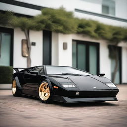 A 1985 Lamborghini Countach in black with a widebody kit, gold Aerofan wheels, and a GT spoiler