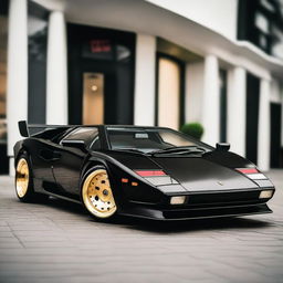 A 1985 Lamborghini Countach in black with a widebody kit, gold Aerofan wheels, and a GT spoiler