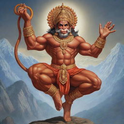 A beautifully detailed and vibrant illustration of the Indian god, Hanuman, displaying his strength and devotion. He should be seen soaring the sky with a mountain in one hand.