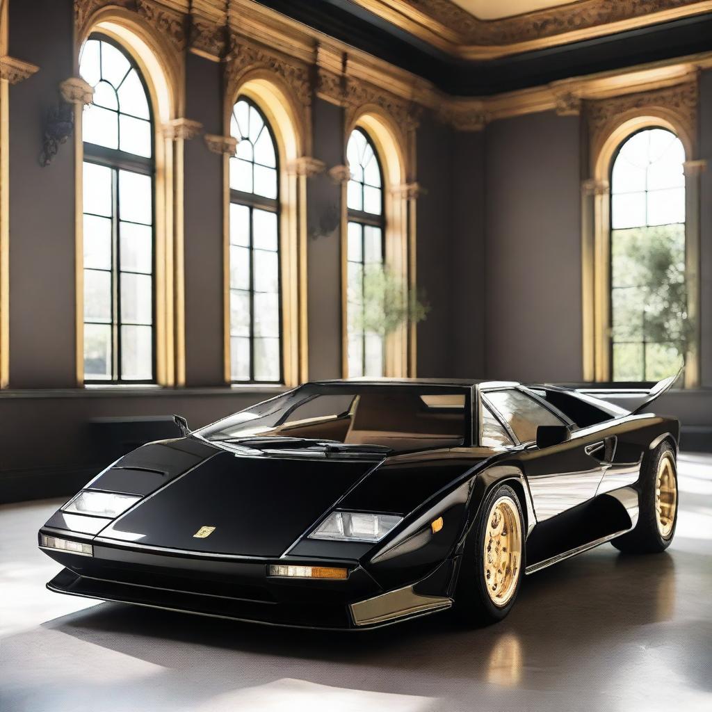 A 1980 Lamborghini Countach in black with a widebody kit, gold Porsche turbo fan wheels, and a GT spoiler