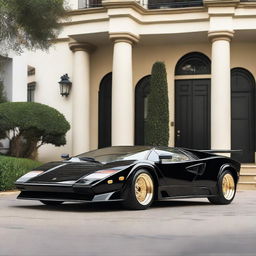 A 1980 Lamborghini Countach in black with a widebody kit, gold Porsche turbo fan wheels, and a GT spoiler