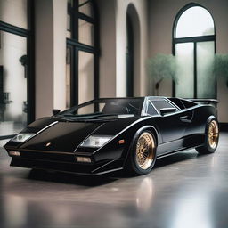 A 1980 Lamborghini Countach in black with a widebody kit, gold Porsche turbo fan wheels, and a GT spoiler