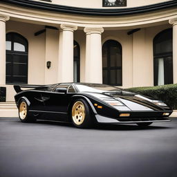 A 1980 Lamborghini Countach in black with a widebody kit, gold Porsche turbo fan wheels, and a GT spoiler