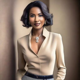 A confident woman posing elegantly, wearing a stylish outfit