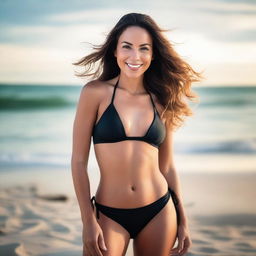 A confident woman posing elegantly in a stylish bikini