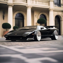 A Lamborghini Countach in black with a widebody kit, white Oz rally wheels, and a large GT spoiler