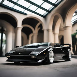 A Lamborghini Countach in black with a widebody kit, white Oz rally wheels, and a large GT spoiler