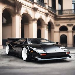 A Lamborghini Countach in black with a widebody kit, white Oz rally wheels, and a large GT spoiler