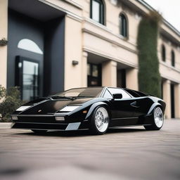 A Lamborghini Countach in black with a widebody kit, white Oz rally wheels, and a large GT spoiler