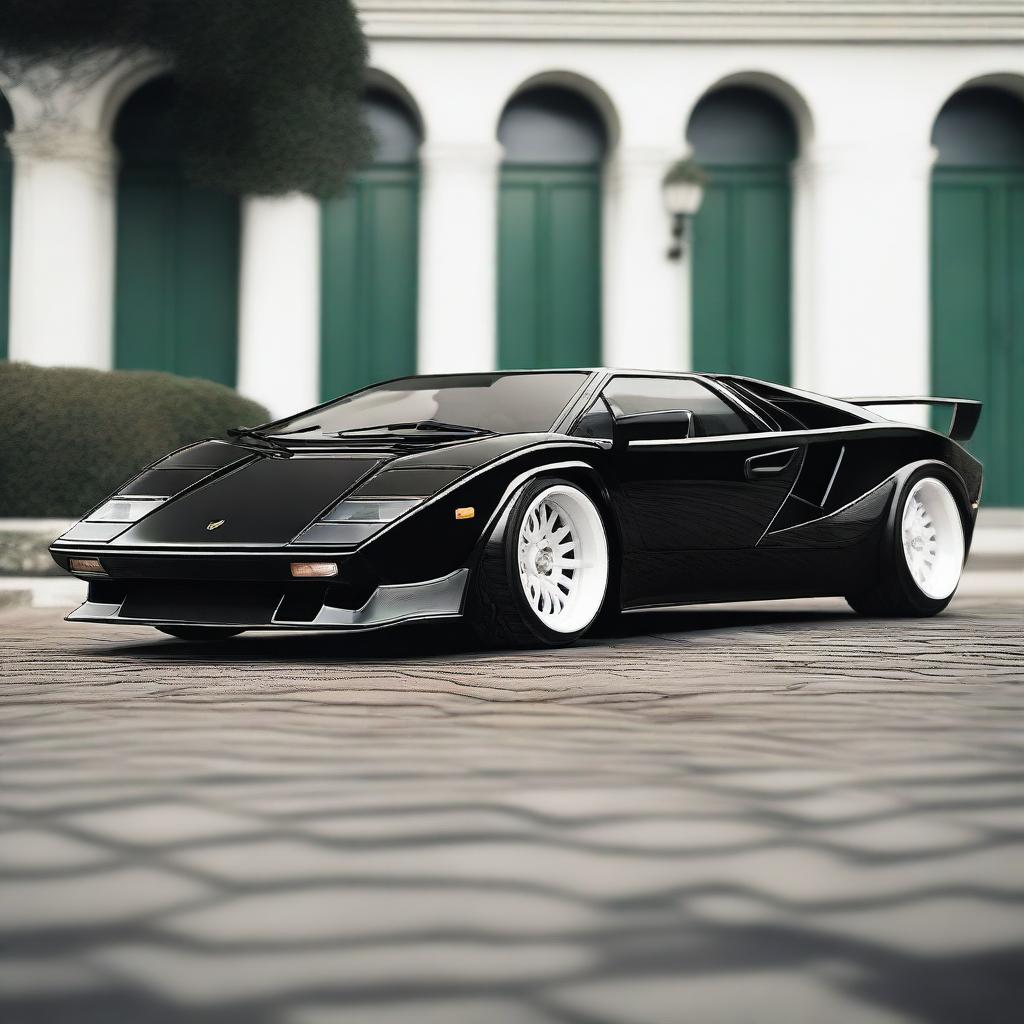 A Lamborghini Countach in black with a widebody kit, white Oz rally wheels, and a large GT spoiler