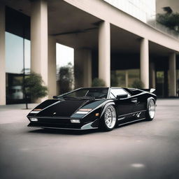 A Lamborghini Countach in black with a widebody kit, white Oz rally wheels, and a large GT spoiler