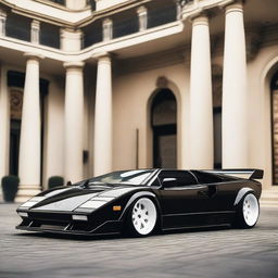 A Lamborghini Countach in black with a widebody kit, white Oz rally wheels, and a large GT spoiler