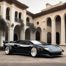 A Lamborghini Countach in black with a widebody kit, white Oz rally wheels, and a large GT spoiler