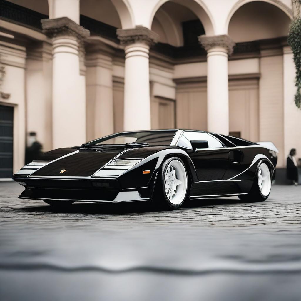 A Lamborghini Countach in black with a widebody kit, white Oz rally wheels, and a large GT spoiler