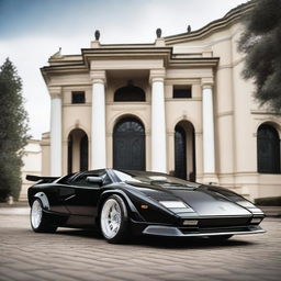 A Lamborghini Countach in black with a widebody kit, white Oz rally wheels, and a large GT spoiler