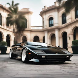 A Lamborghini Countach in black with a widebody kit, white Oz rally wheels, and a large GT spoiler