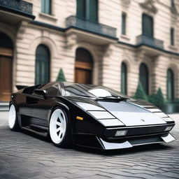 A Lamborghini Countach in black with a widebody kit, white Oz rally wheels, and a large GT spoiler