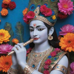 Lord Krishna's hand holding a flute, wearing a hat adorned with peacock feathers, set against a backdrop of vibrant flowers.