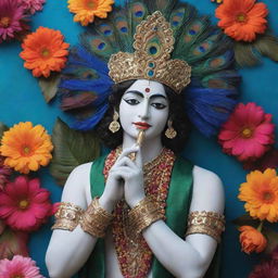 Lord Krishna's hand holding a flute, wearing a hat adorned with peacock feathers, set against a backdrop of vibrant flowers.