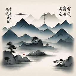 A serene landscape featuring mountains and rivers, symbolizing perseverance and steadfastness, with elegant Chinese calligraphy of the word '笃行'