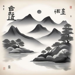 A serene landscape featuring mountains and rivers, symbolizing perseverance and steadfastness, with elegant Chinese calligraphy of the word '笃行'